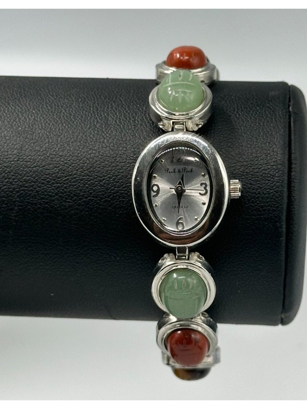 Peck & Peck Watch Silver Tone Oval Dial Scarab Beaded Band New Battery 7"